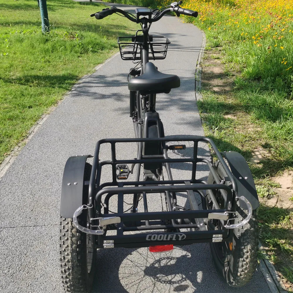 

Новый дизайн Coolfly 48 в 750 Вт 1000 Вт передний приводной двигатель 24 Ач литиевая батарея три грузовых электрических велосипеда трехколесный велосипед