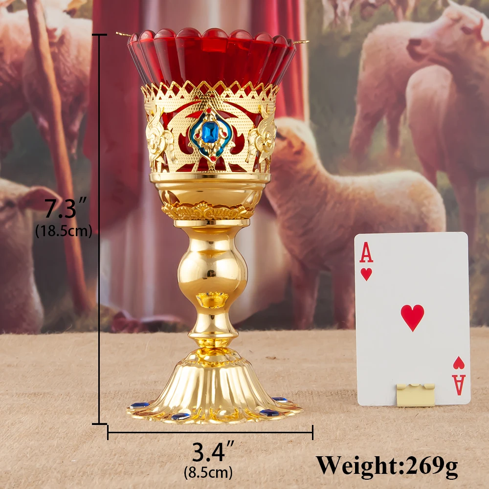 Antique Golden Metal Church Candle Holders with Red Glass Cups Christian Altar Decor Religious Ceremony Gift for Home Holidays