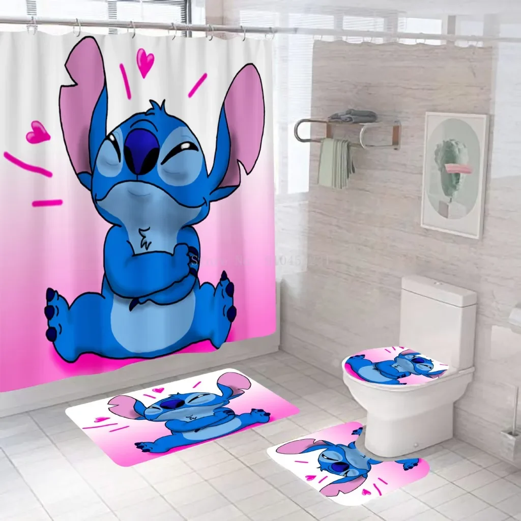 Disney 3D Lilo Stitch Bathroom Shower Curtain Waterproof Curtains Bathroom Hook Set Soft Bath Mat Toilet Carpet Rugs