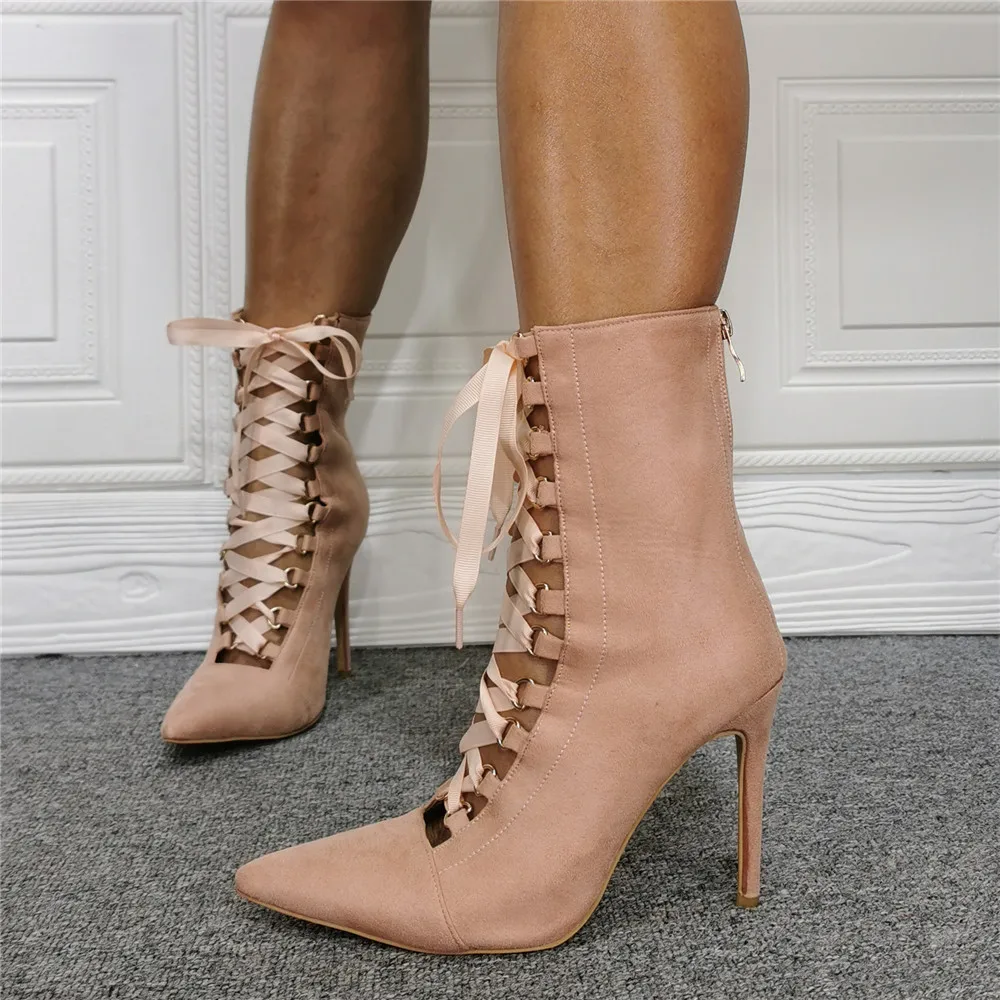 

Fashion Woman Nude Cross Tied Stiletto High Heels Hollow Out Boots Pointed Toe Back Zipper Ankle Short Boots Shoes