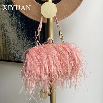 XUYUAN Luxury Ostrich Feather Evening Bags Women Wedding Purses Small Shoulder Chain Bag Designer Party Bag Stylish Clutch Purse 1