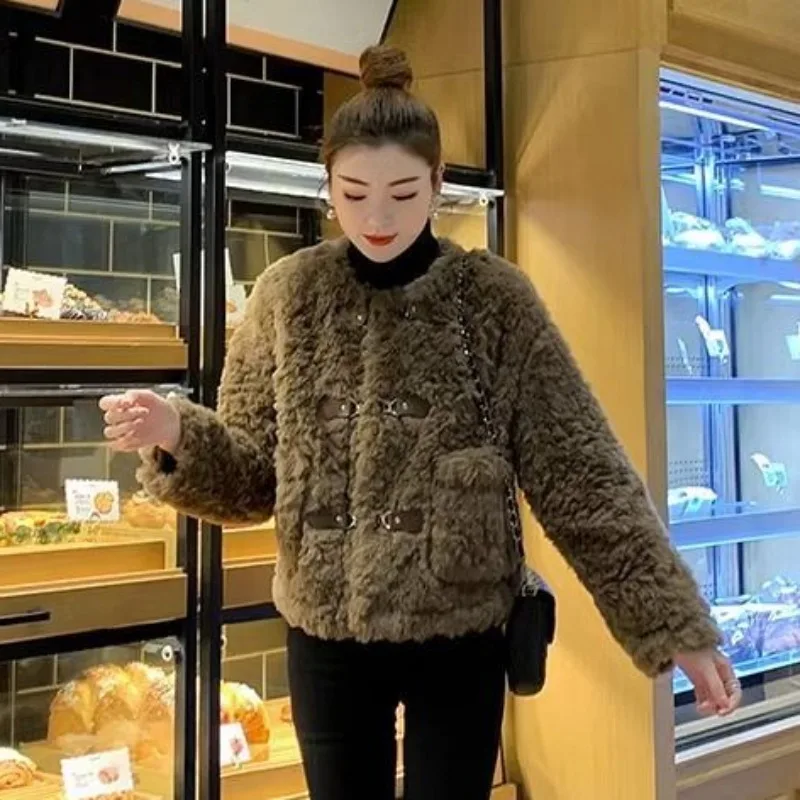 Faux Fur Coat for Women, Loose Temperament, All-Match Short Top, Round Neck, Lamb Wool Outwear, Casual Fashion, Winter, New,2024