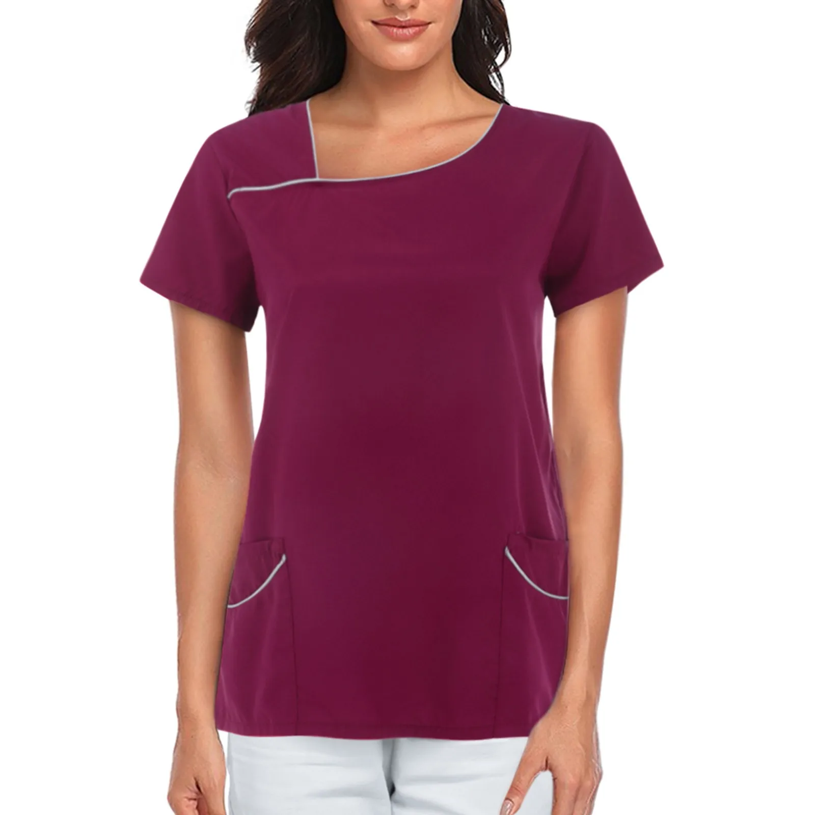 Nurse Scrubs Top Nurse Uniform Dress Nurse Uniform Suits Nurse Uniform Workwear Women Short Sleeve V-neck Solid Color Nursing Blouse Working Uniforms Overalls Top