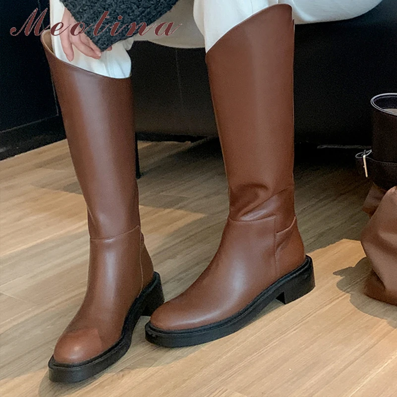 

Meotina Women Genuine Leather Knee High Long Boots Round Toe Platform Thick Mid Heels Gogo Boots Ladies Fashion Shoes Winter 40