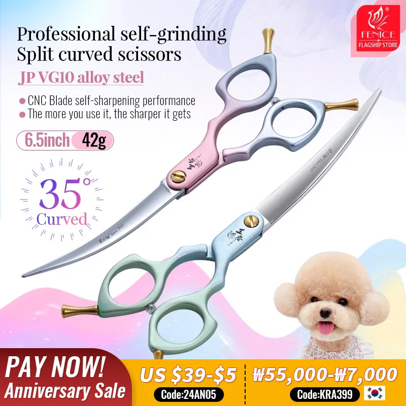 Fenice Professional Colourful 6.5 Inch JP VG10 Steel Pet Dog Grooming Shears 35° Curved Scissors with High Quality Alloy Handle