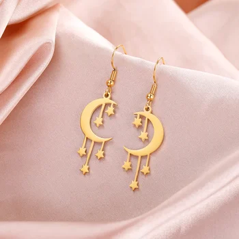 Skyrim Crescent Moon Stars Drop Earrings Stainless Steel Gold Color Dangle Earrings Bohemian Jewelry Gift for Women Girls