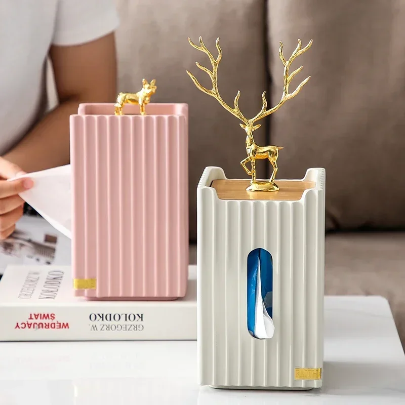 

Standing Canister Rectangular Deer Storage Box Striped European Resin Tissue Decor Room Home Desktop Living Crafts Golden