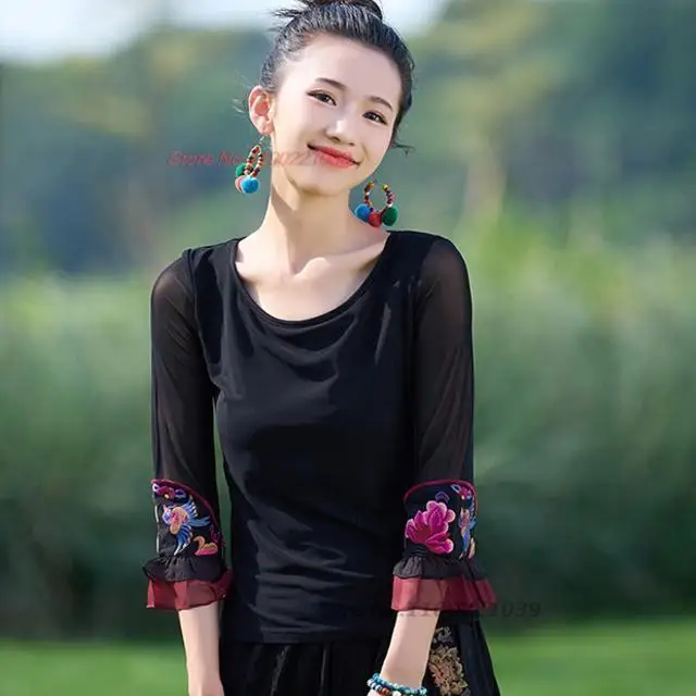 2024 chinese traditional t-shirt women national flower embroidery o-neck elastic mesh shirt oriental vintage ethnic base shirt