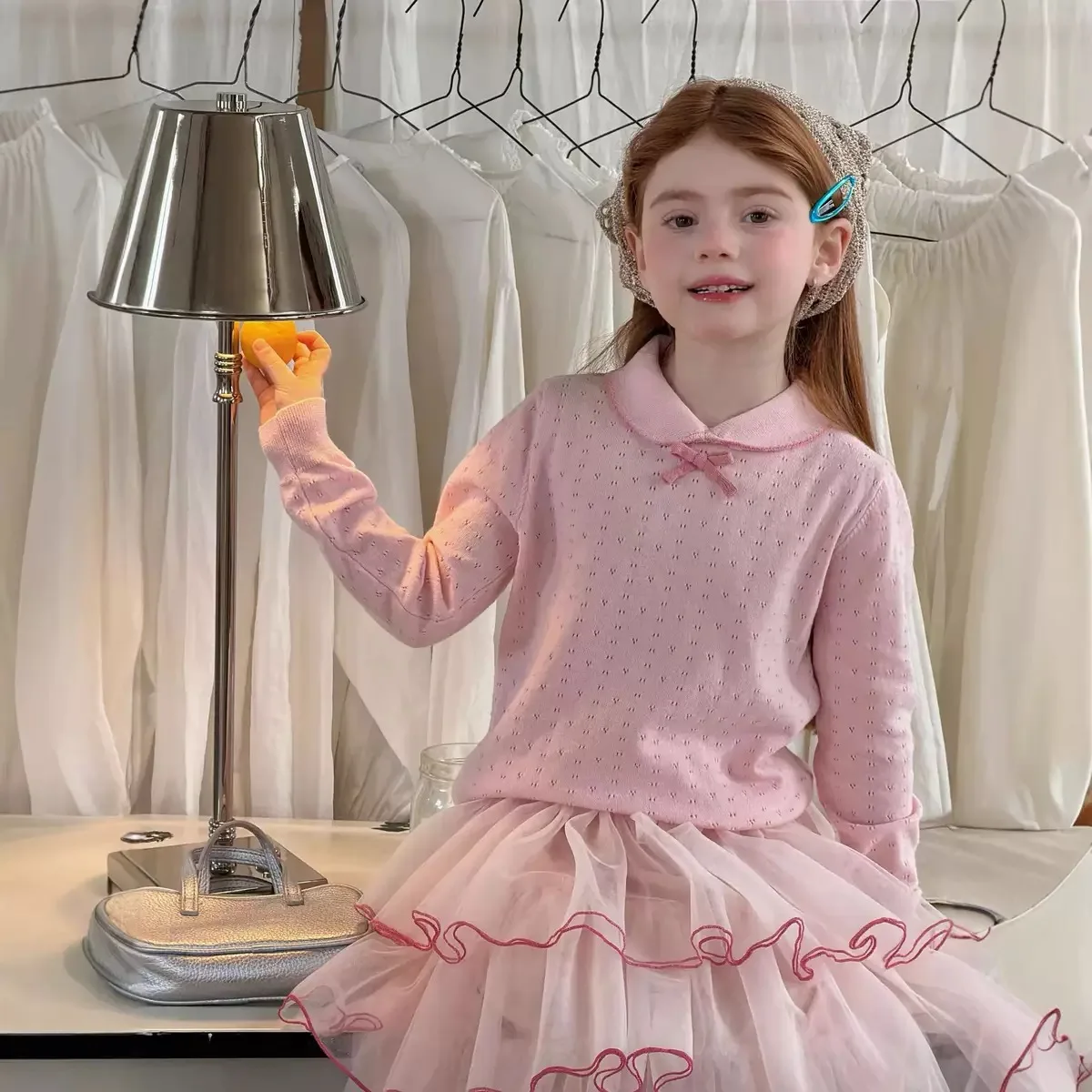 2026 신상 여아 리본 긴팔 티셔츠 여름 아동 패셔너블하고 스타일리쉬한 여아 니트 홀터넥 상의