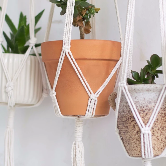 Makrame Függő Kosár Kézzel Szőtt Virágcserép -Vintage Növényi Polcok Pamut Kötél Fedett Fogas Kerti Dekoráció - Image 5