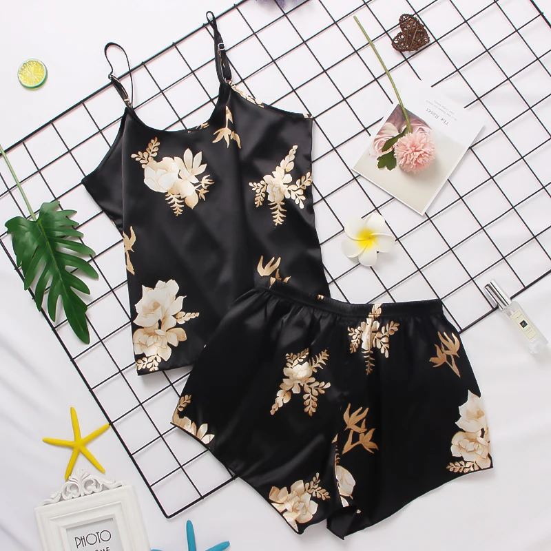 Women's Home Clothes Sexy Pajama Sets Cartoon Pattern Pajamas Strap Sleeveless Cami Set Sleepwear Female Summer Pijama Nightwear women pajamas set women pajama suit