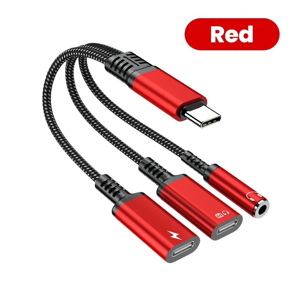 3 in 1 PD 60W USB C to 듀얼 타입 C 3.5mm AUX 오디오 어댑터 고속 충전 헤드폰 동글 (아이폰 16, 삼성 케이블 보호 기능 포함)
