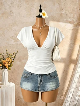 Women Short Sleeve Deep V Neck Side Ruched Wrap Crop T Shirt 2026 Summer Y2K Casual Streetwear Basic Solid Tees