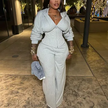 Streetwear Casual Tracksuit Woman Two Piece Set Sporty Zipper Hooded Lace-up Bandage Corset Jacket and Sweatpants Matching Sets 1