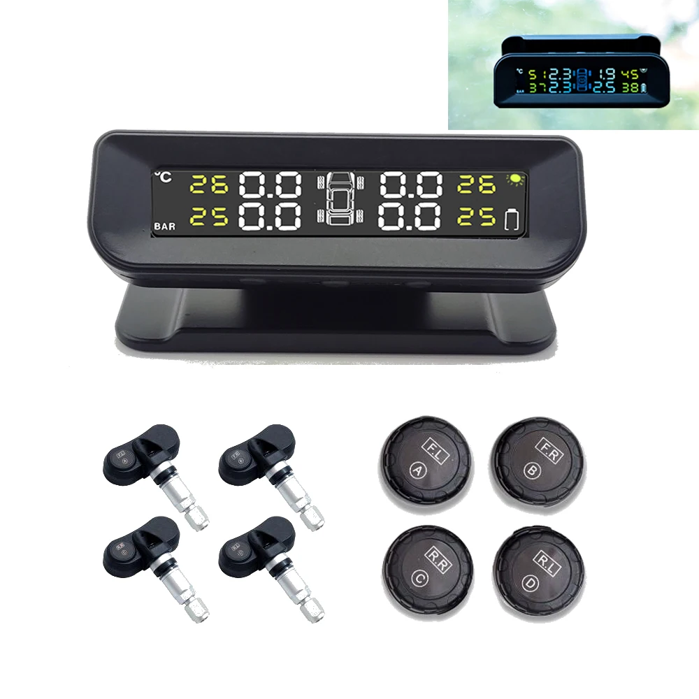 

Smart Car TPMS Tire Pressure Alarm Monitor System 4 Sensors Display Solar Intelligent Tyre Pressure Temperature Security Warning
