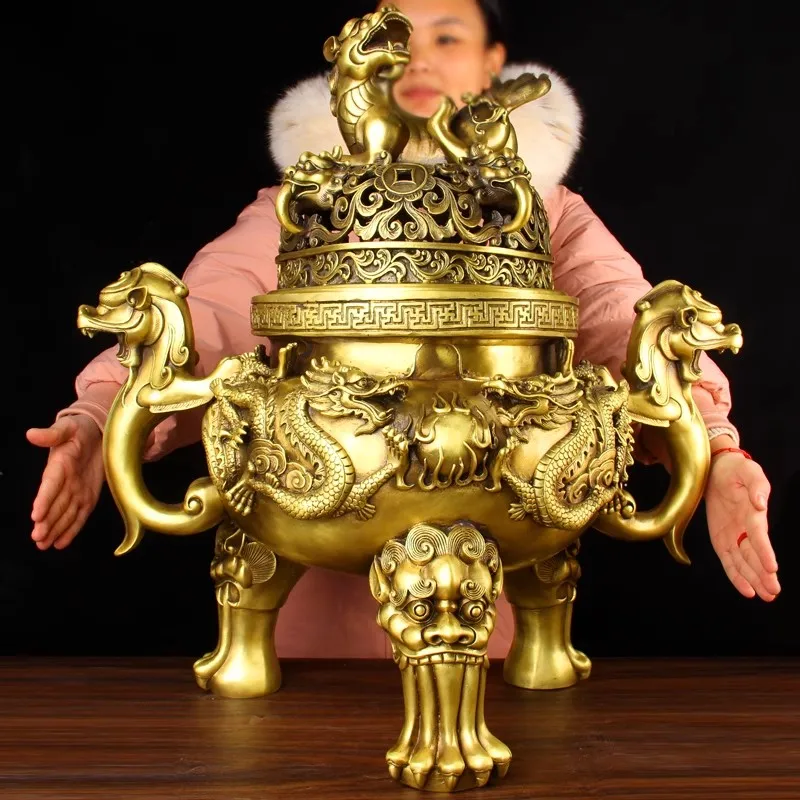 Antique Bronze Tengu Incense Burner Handcrafted 3-Legged Censer with Dragon Design for Home, Zen Meditation, Aromatherapy