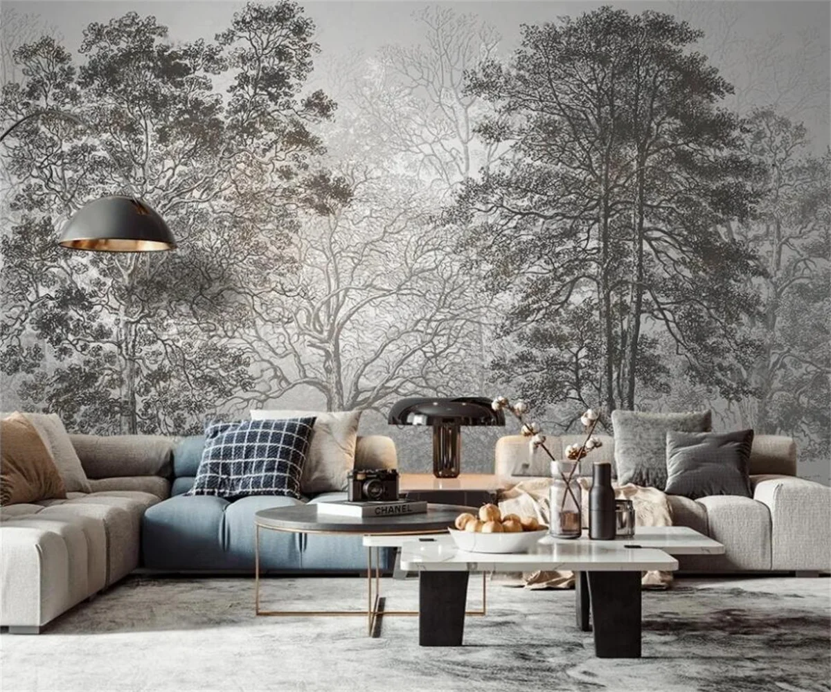 Customized large murals Northern Europe simple black and white forest forest  photos wallpaper TV sofa background wall wallpaper railway empire northern europe pc