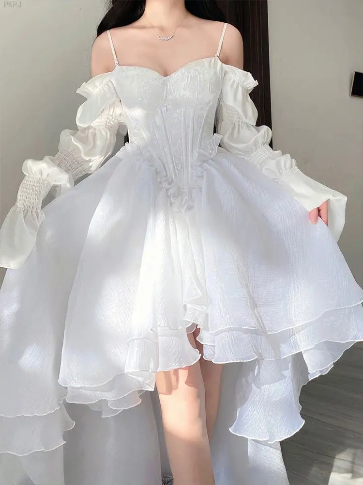 

Lace White Kawaii Lolita Dress Women Off Shoulder France Vintage Mini Dress Female Puff Sleeve Sweet Suspender Dress Summer 2024