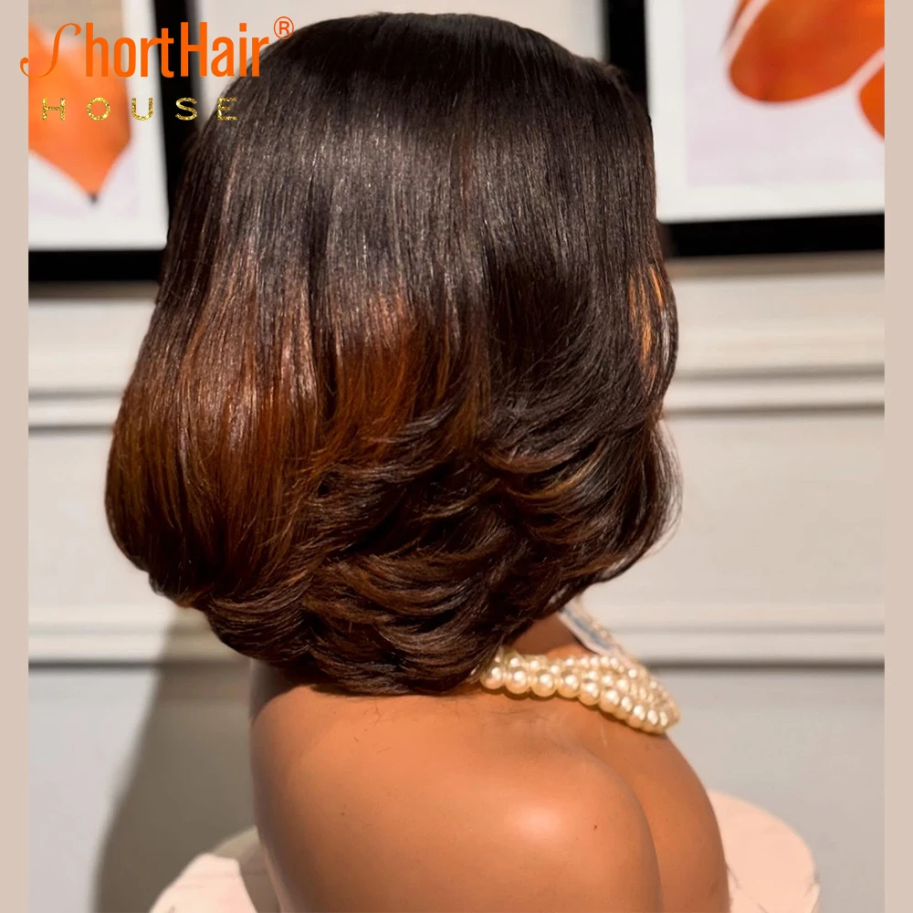 Human Hair Wigs Brown Highlight Pre-cut Lace Closure Wigs Glueless Human Hair Brazilian Reddish Brown Wavy Layered Wave