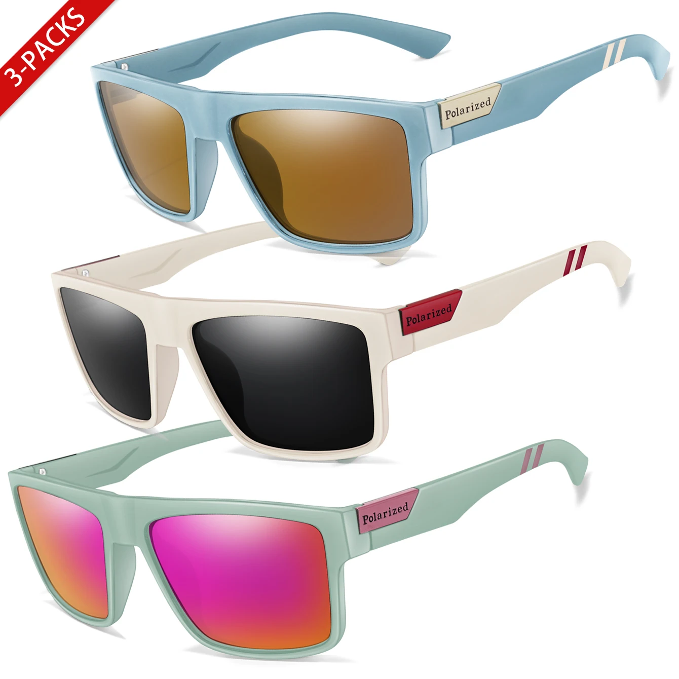 3 Pairs Polarized Square Sunglasses UV400
