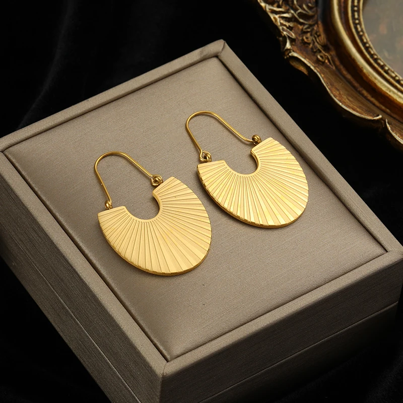 Hoop Earrings EILIECK 316L Stainless Steel Gold Color Fan Geometric Bohemian Drop For Women Charm Ear Pendant Jewelry Party Gift