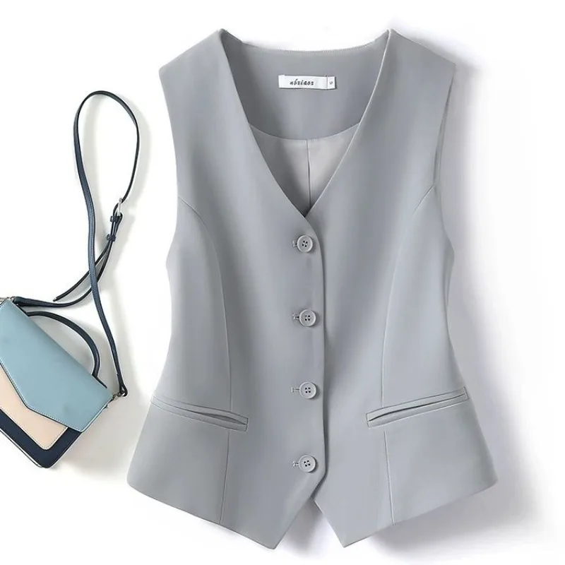 Suit Vests Women Simple Single Breasted V-neck Sleeveless Coats Daily Outwear Aesthetic Korean Style Slim All-match Trendy New 4