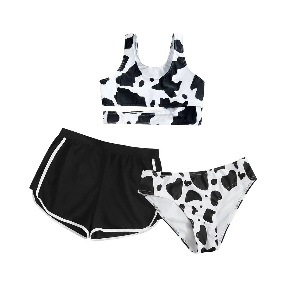 Cute Cow Print Girls Summer Three Piece Swimwear