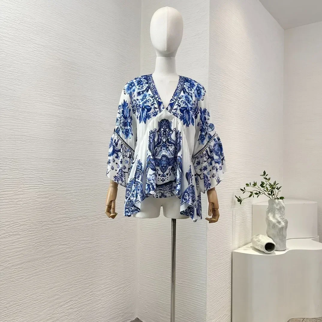 

2024 Blue New White Porcelain Print Vintage Collection Diamonds V-Neck Loose Blouse High Quality Women Re-tro Tops