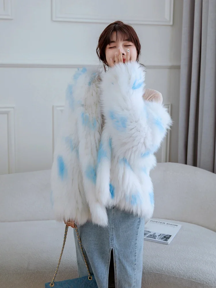 Woven Real Fox Fur Coat Hooded Fashion Young Double-sided Women's Clothing Mid-length Winter Model Knitted Thick Warm Jackets