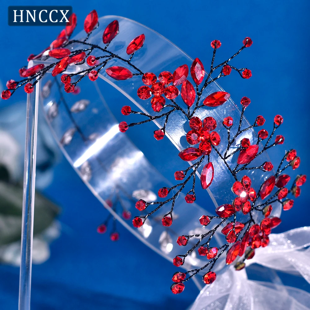 HNCCX 우아한 레드 컬러 라인스톤 꽃 신부 헤어 바인 야외 결혼식 연회용 수제 헤드피스 프롬 헤어 밴드 HP65