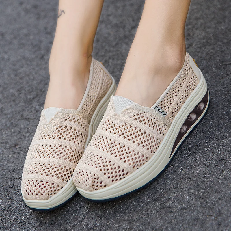 Platform Jigger Shoes Air Cushion Slip-on Breathable Casual Sports Shoes Net Face Body Shaping sports shoes kangaroo jump shoes toning shoes