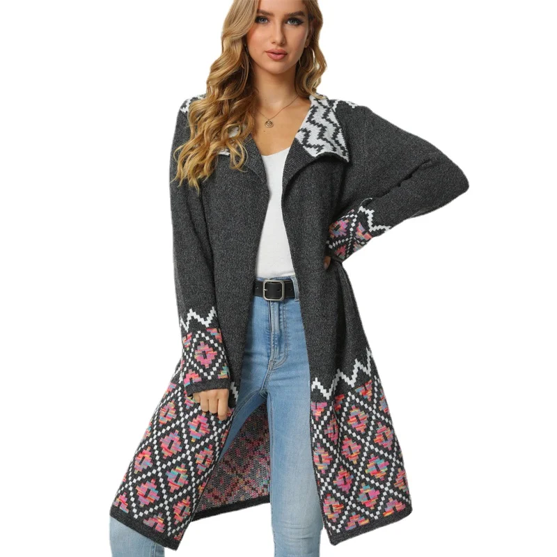 

Vangull Fashion Plaid Long Cardigan Women Sweater Autumn Patchwork Knitted Turn-down Collar Sweater Female Loose Ladies Sweater