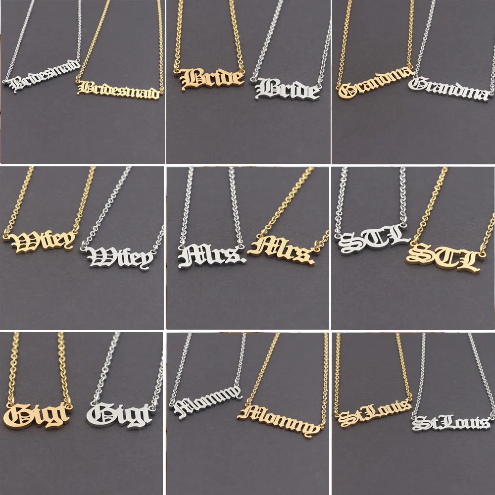 

Old English Mrs. Wifey Mommy Necklace Stainless Steel Chain Letter Bride Bridesmaid Bridesmaid Pendant Necklaces Women Jewelry