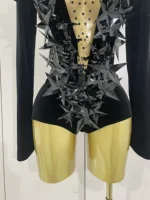 2025 New Shiny Black Rhinestone Velvet Long Sleeve Bodysuit Women Evening Party Club Gala Hosts NightClub Bar Stage Costumes - Image 6