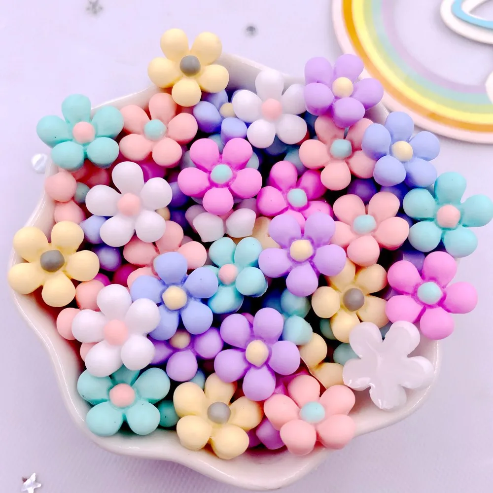 Spring Color 50Pcs 14mm Resin 3D Colorful Flower Flatback Figurines Scrapbook DIY Hair Hoop Accessories Decor Crafts