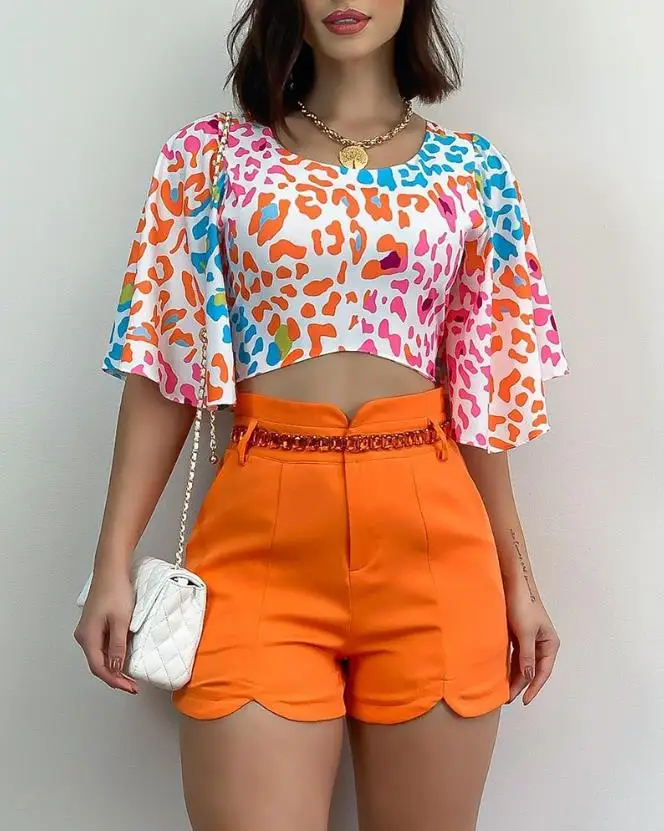 

Leopard Print Bell Sleeve Top & Shorts Set Europe and America Fashion Two Piece Outfits Round Neck Summer New Daily Shorts Sets