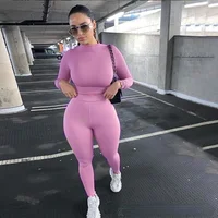 Fashion Tracksuit Women O-Neck Long Sleeve Crop Tops Skinny Pants Matching Set Stretchy Sporty Fitness Outfits 2 Piece Set GV454