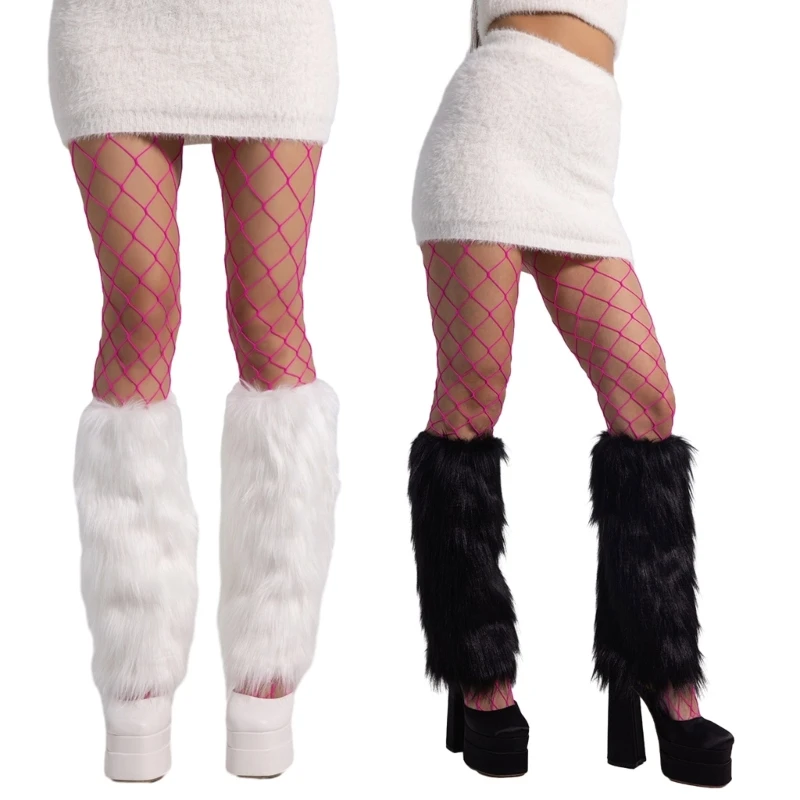 

Women Faux Furs Leg Warmers Boot Winter Warm Foot Cover High Waist Pantyhose Set