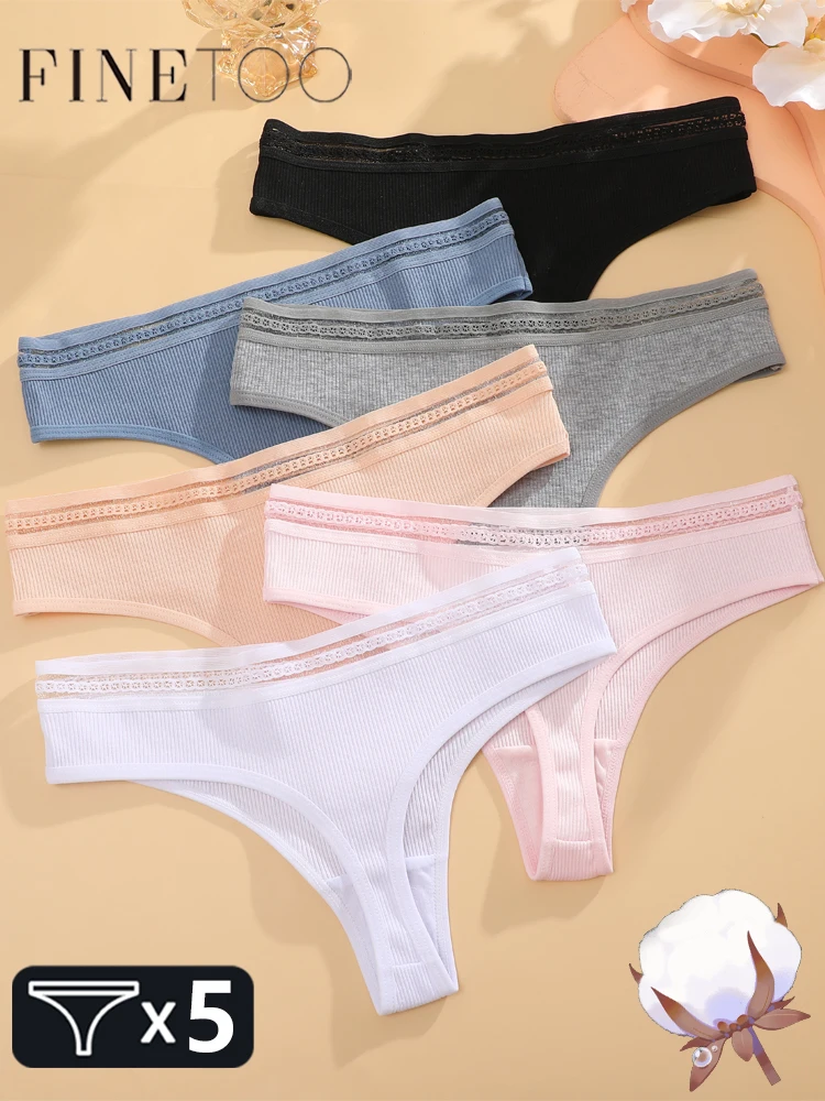 

FINETOO 5PCS Cotton Striped Underwear for Women Sexy Hollow Out Waist Briefs Female Stretch Low Rise Lingerie Solid Panties S-XL