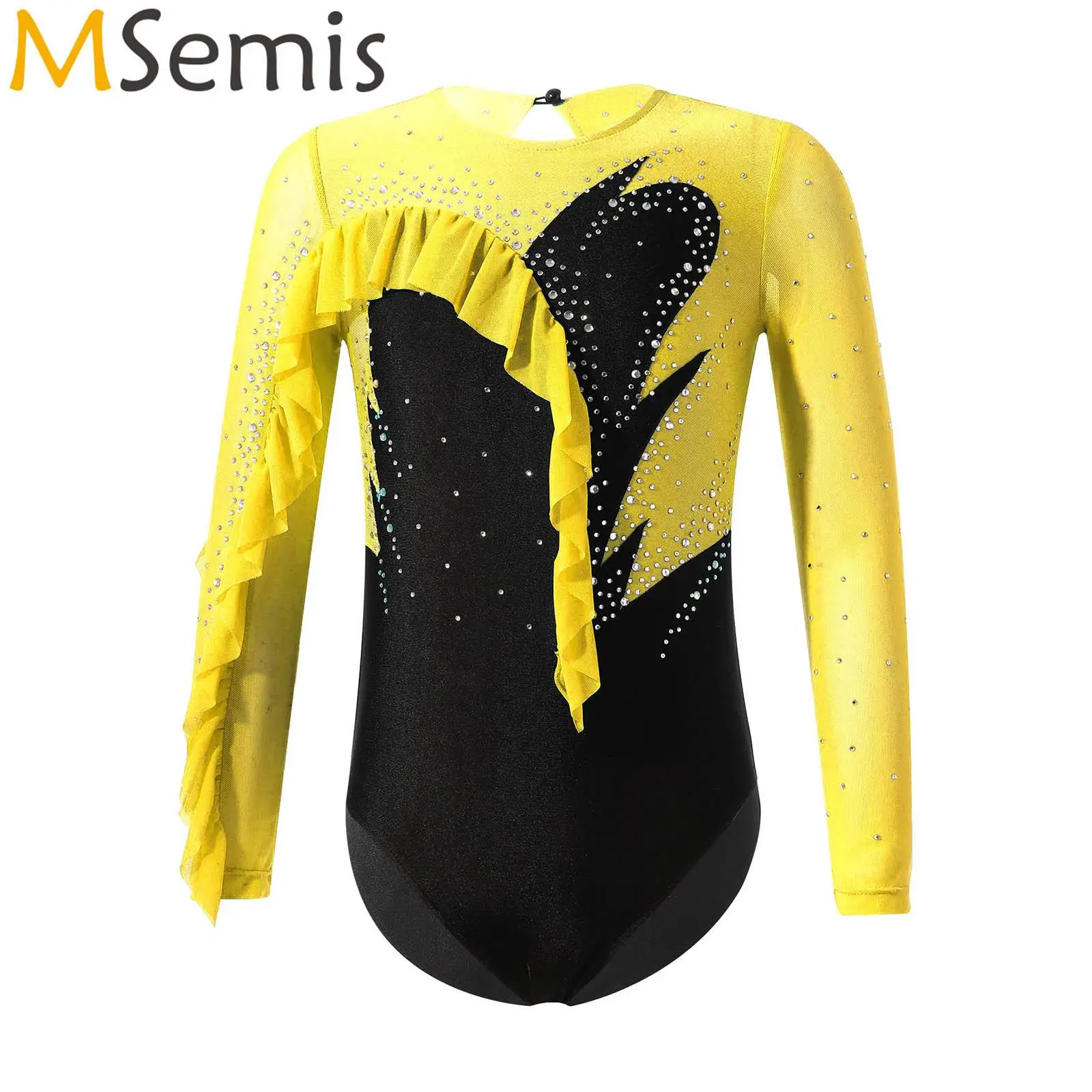 

Kids Girls Gymnastic Ballet Dance Leotards Figure Skating Costume Long Sleeve Round Neckline Shiny Rhinestone Ruffle Dancewear