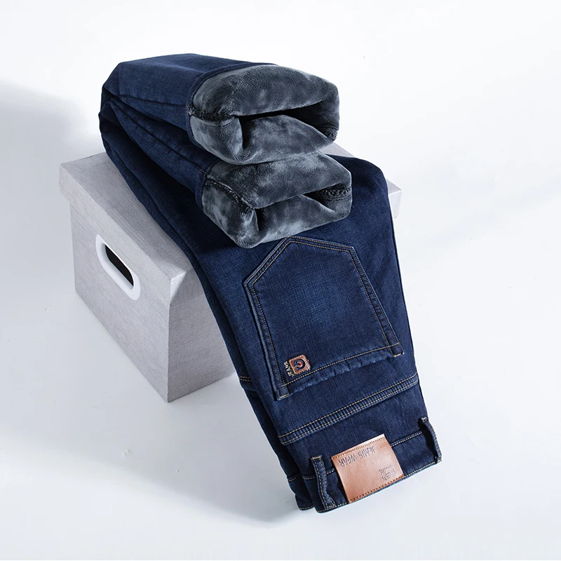 Winter Fleece Thick Warm Men's Slim Stretch Denim Plush Pants - Classic Version