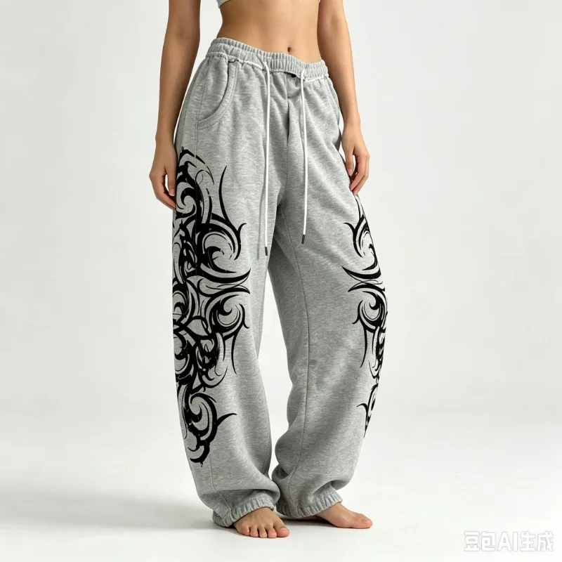 26 Y2K Retro Harajuku Fashion Print Muster Jogginghosen für Männer, Frauen und Kinder, locker, trendig, lässig, bequem, strapazierfähig, Outdoor-Hosen in Grau