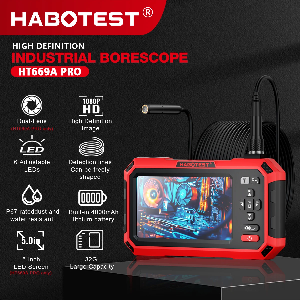HABOTEST HT669A PRO 5-inch dual-lens endoscope 7MM Automotive Mechanical Sewer Pipe Inspection Camera Video Industrial Endoscope,inspection camera,mini endoscope camera
