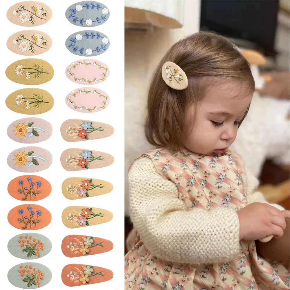 Korea Retro Hair Clips Floral Fabric Oval BB Barrettes Embroidery Flower Hairpin 2Pcs/lot Kids Hair Accessories