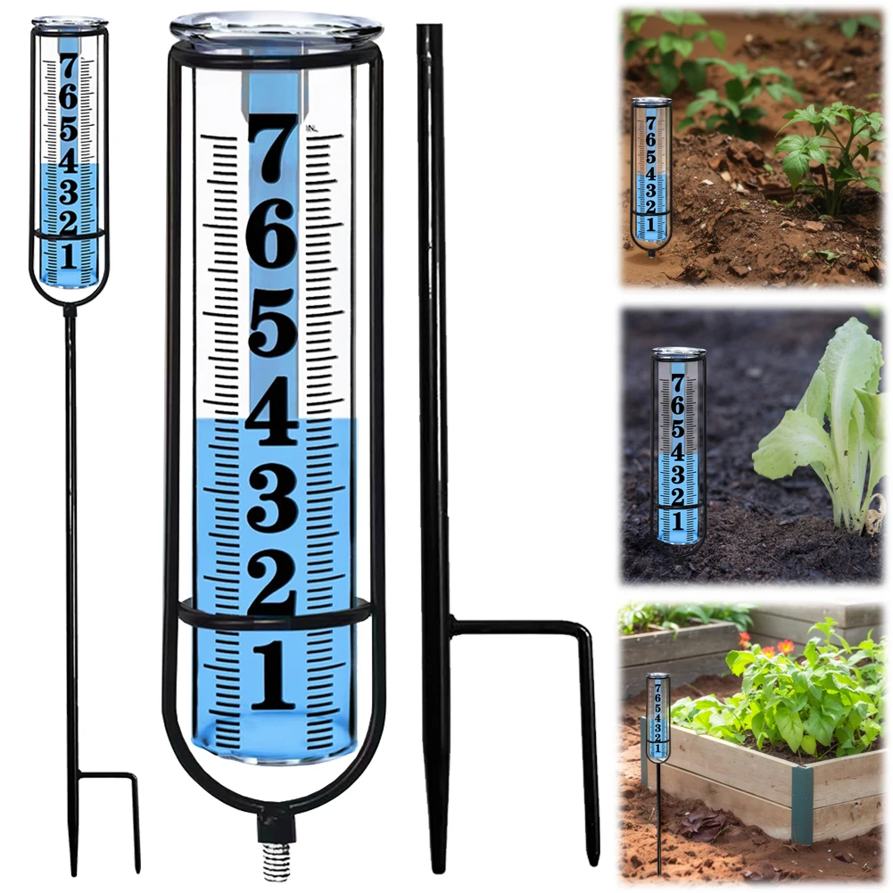 Outdoor Rain Water Meter Adjustable Height Rain Measuring Tool with Thickened Plastic Tube & Metal Stake for Yard Lawn Garden
