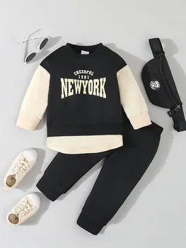 Boys' Retro Patchwork Sweatshirt & Pants Set 1