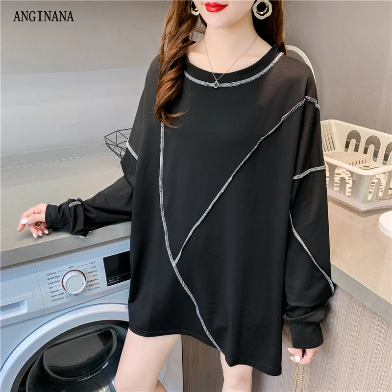 

Женская футболка с длинным рукавом, черно-белая свободная футболка большого размера с круглым вырезом, в стиле пэчворк, большие размеры 6XL 8XL 10XL, весна