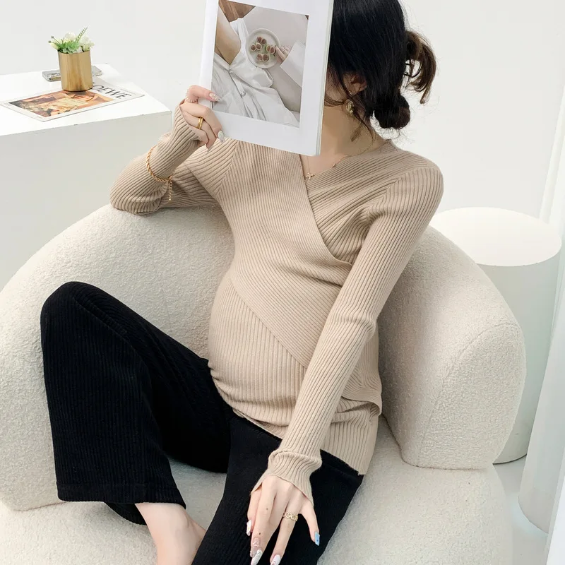 Pregnant Sweater Spring Autumn Cross for Breastfeeding Slim Solid Color Simple Casual New Bottoming Maternity Clothes All-match
