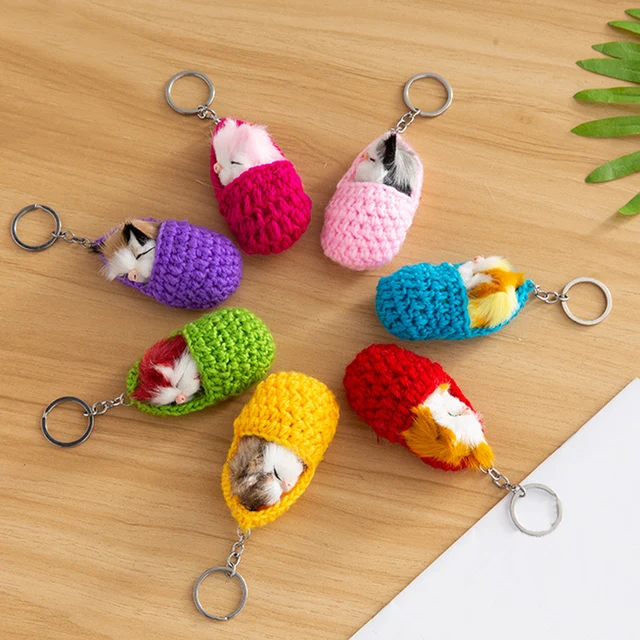 Kawaii Sleeping Cat Keychains Toy Plush Keychain for Women Girls Handmade Faux Rabbit Fur Kitten Key Chains Fluffy Car Key Rings 1