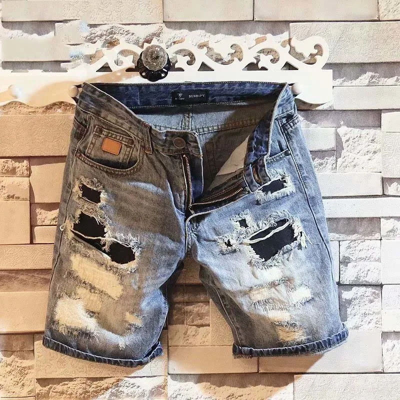 

Summer Men's Straight Washed Denim Shorts With Holes Slim Fit 5-point Middle Denim Pants Men Fashion Brand Jeans Shorts